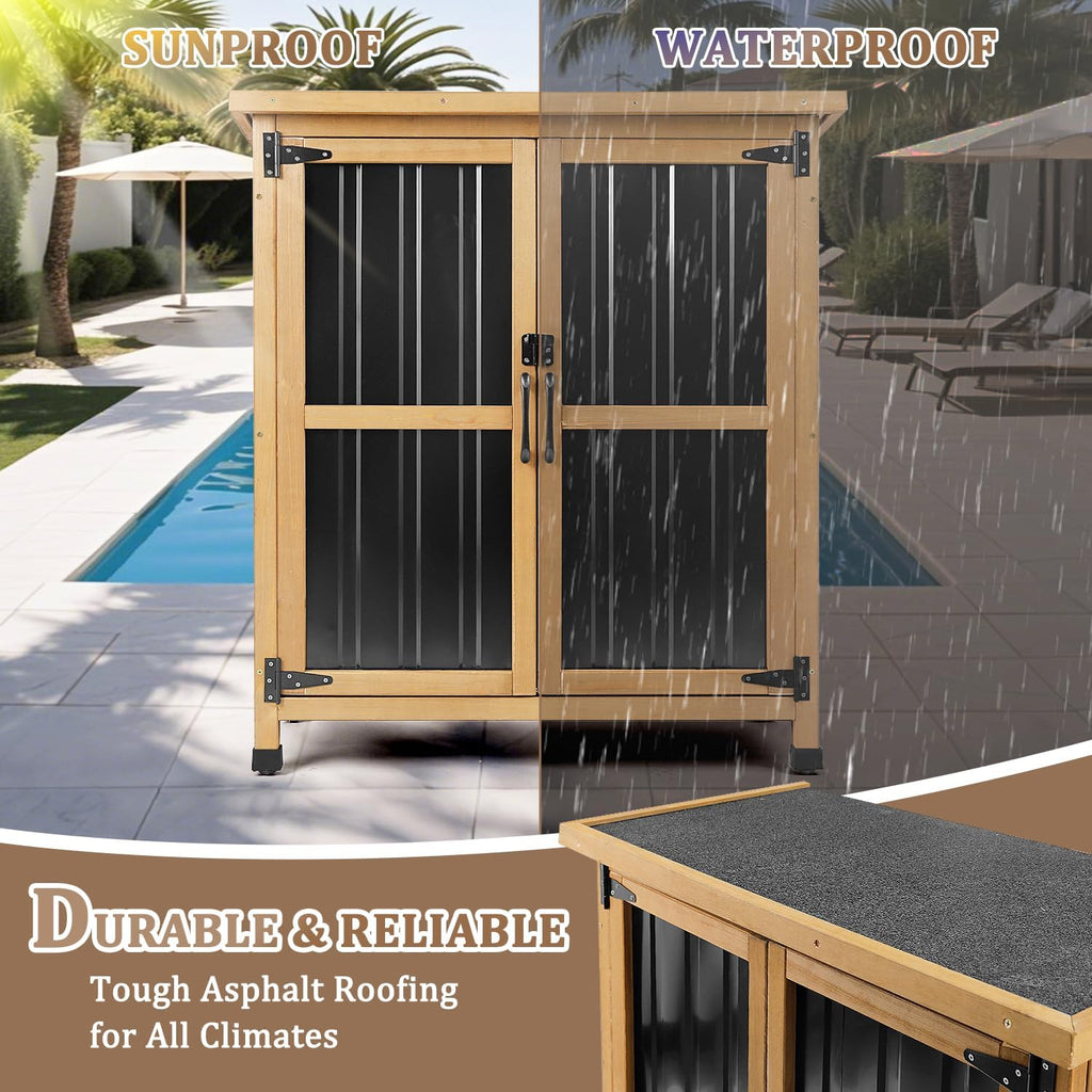 PetsCosset Weatherproof Outdoor Storage Cabinet - Lockable Wood & Metal Shed for Tools, Lawn Equipment & Pool Accessories