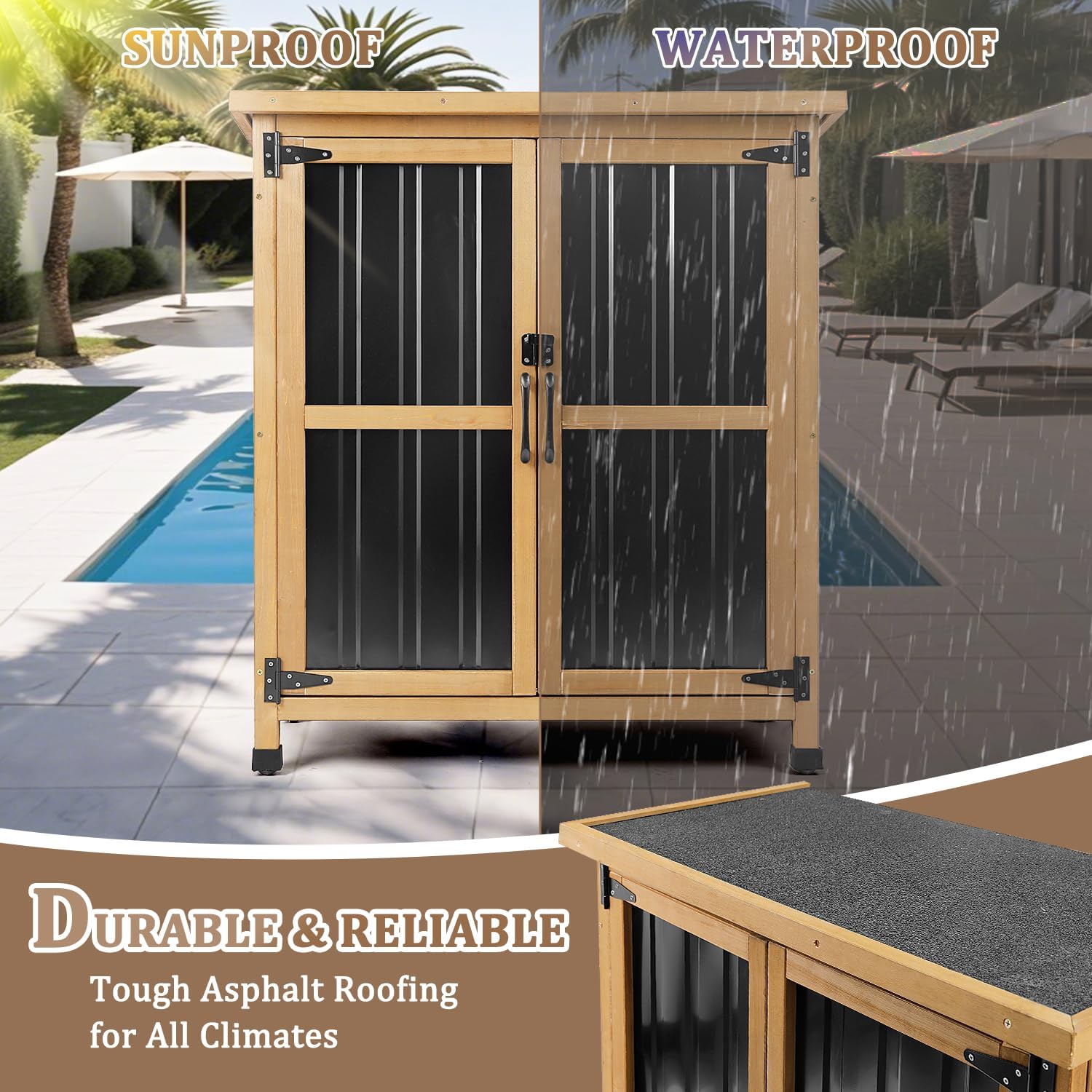 PetsCosset Weatherproof Outdoor Storage Cabinet - Lockable Wood & Metal Shed for Tools, Lawn Equipment & Pool Accessories