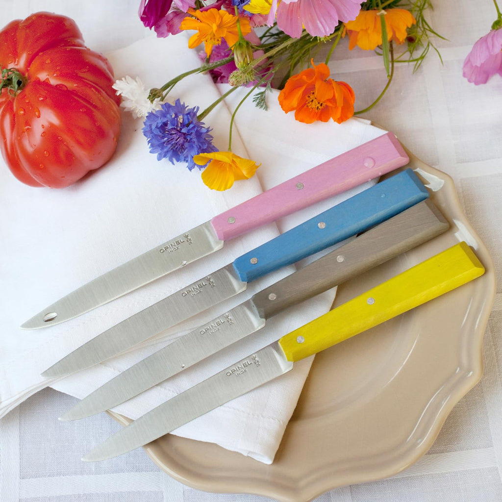 OPINEL No. 125 Table Knives, 4 Piece Set, High Carbon Steel Dinner Knives for Parties, Entertaining, or Everyday Use, Painted Hornbeam Handles, Made in France (Countryside)