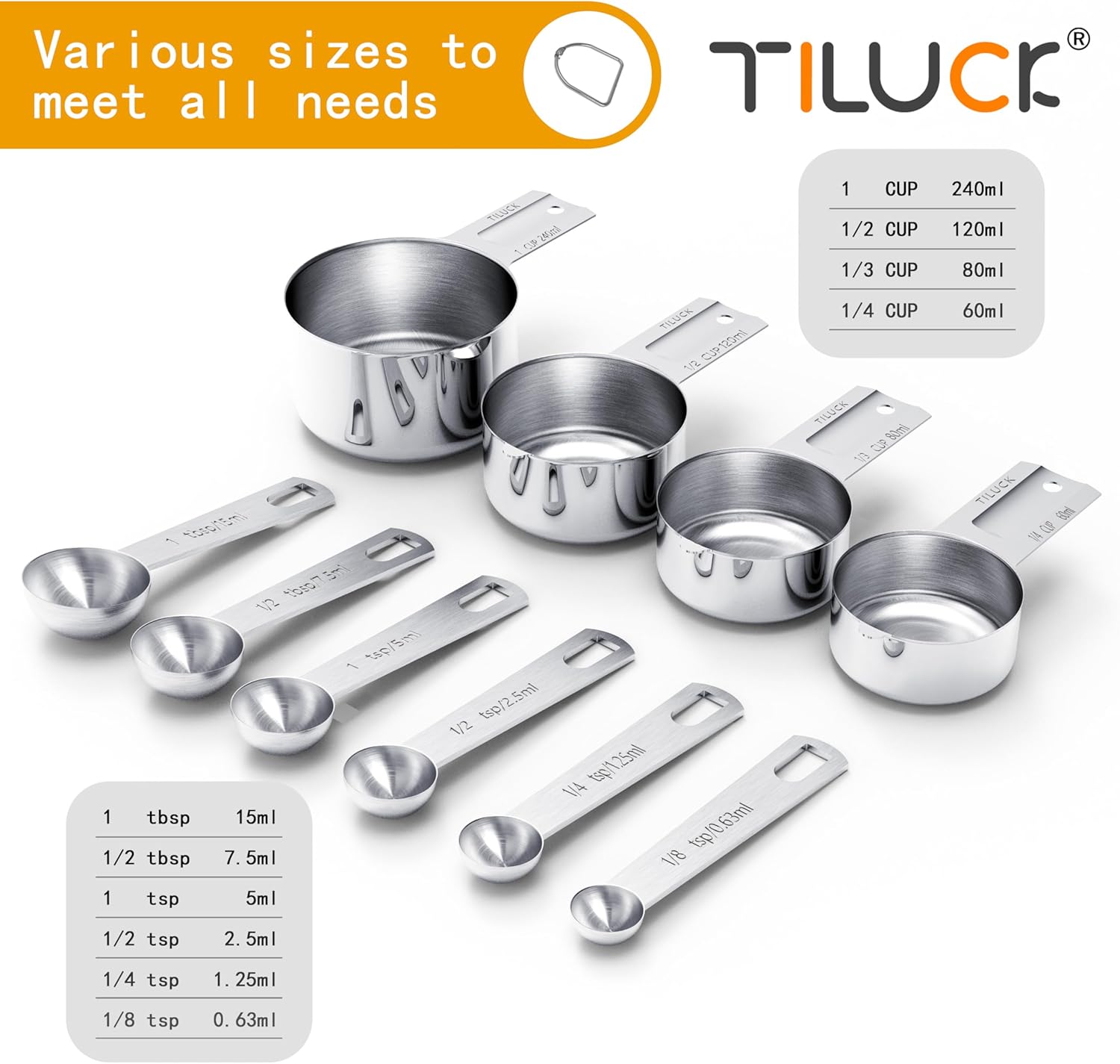 TILUCK Stainless Steel Measuring Cups & Spoons Set - Essential Kitchen Gadgets for Cooking & Baking (10 Pieces)