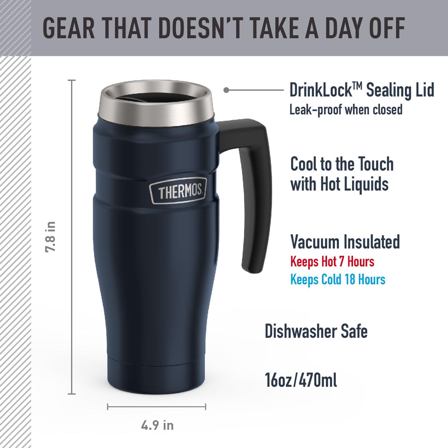 THERMOS Stainless King Travel Mug - 16oz Vacuum-Insulated, Midnight Blue - Leak-Proof Coffee Tumbler for Hot & Cold Drinks