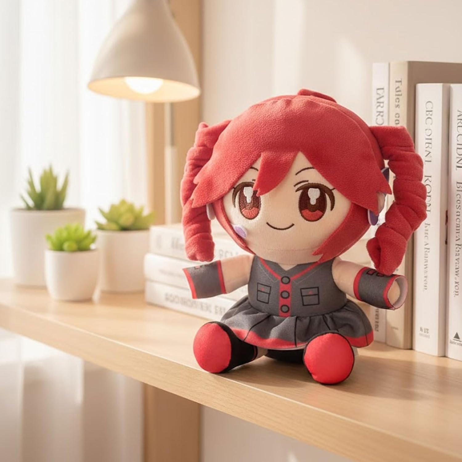 Skiennix Cute Anime Plush | 22cm Twin Tail Girl with 3D Hair | Soft Red & Black Outfit Stuffed Figure