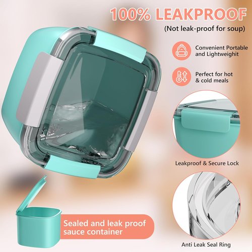 Cherrysea Salad Lunch Box - 2-Pack Bowls with 3 Compartments, Leak-Proof Design | Green & Pink