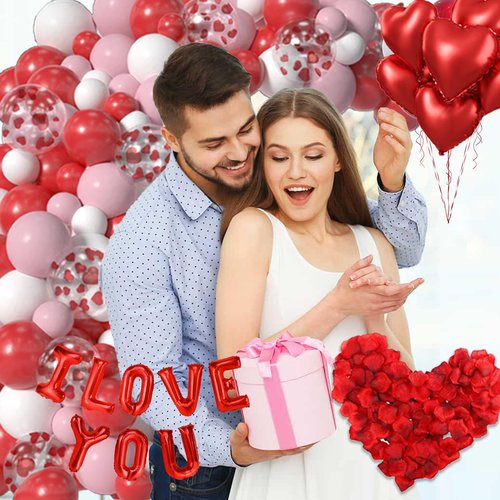 Yumiche 617PCS Valentines Balloon Arch, I Love You Balloon, Red Pink White Heart Balloon And Rose Petals For Valentines Day Wedding Engagement Anniversary Romantic Decorations Special Night