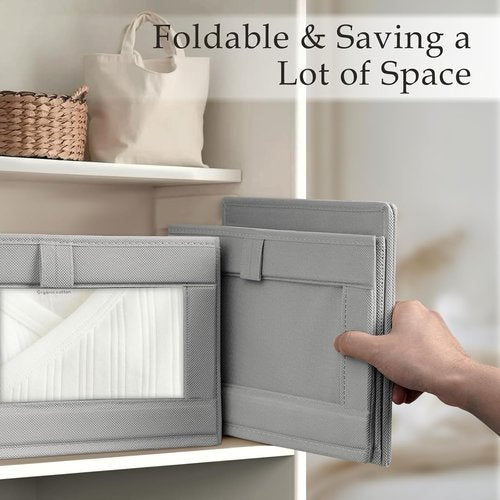 Criusia Linen Closet Organizers - 4 Pack Large Foldable Storage Baskets for Towels, Clothing & More | Grey