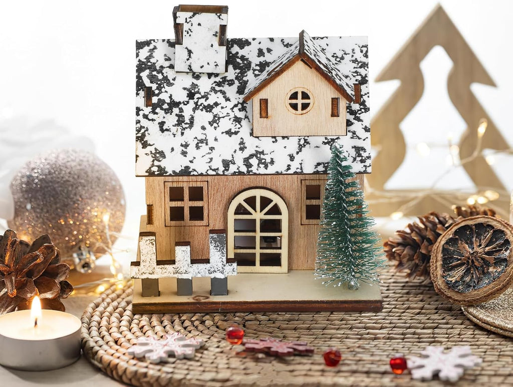 Toyvian Christmas Village Houses Set - 3 Pcs Wooden LED Lighted Ornaments for Table Decor (Brown)