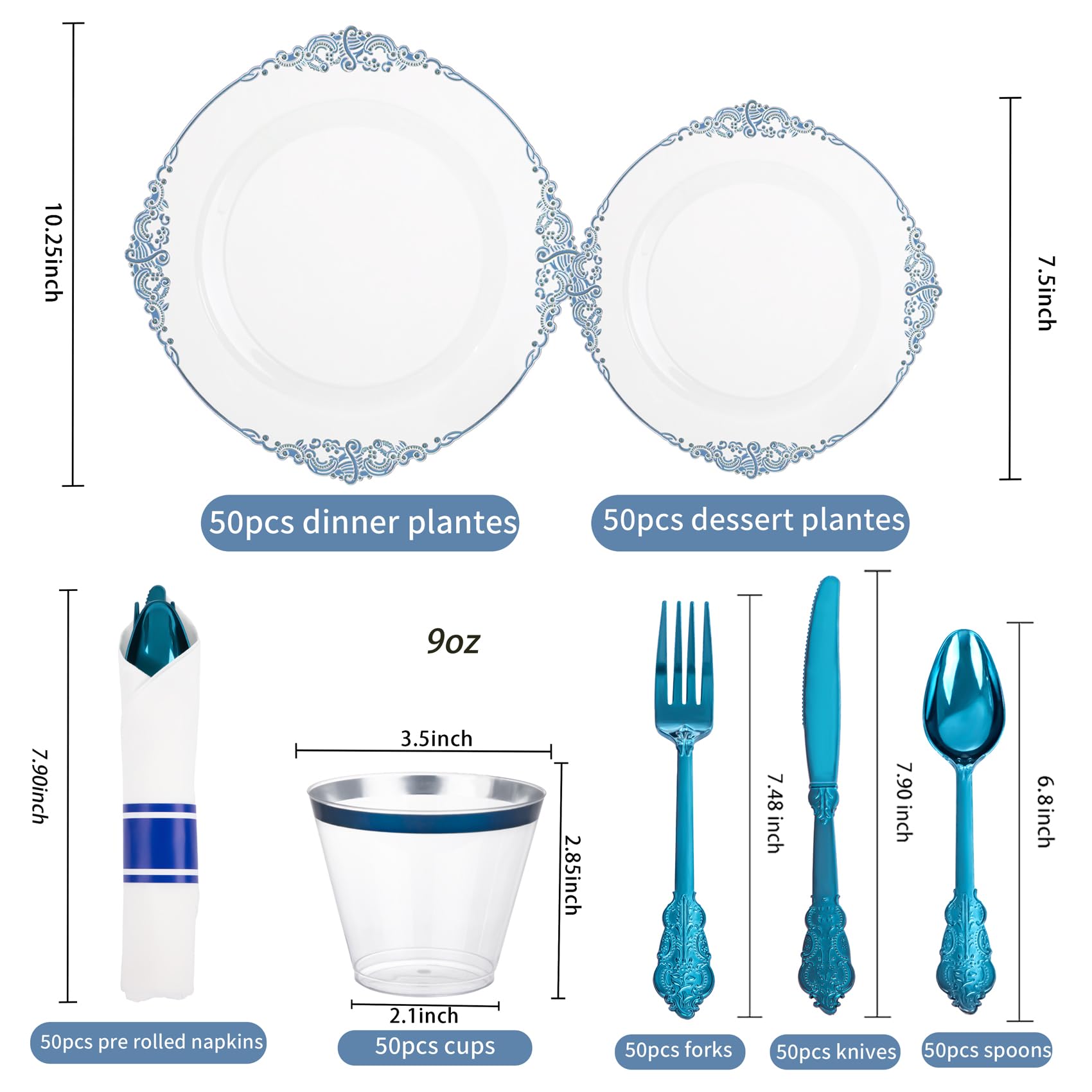 Hioasis 350pcs Clear Blue Plastic Plates - Elegant Disposable Dinnerware Set Suitable for 50 Guests Include 10.25" Dinner & 7.5" Dessert Plates, Pre Rolled Silverware Set, Cups for Party & Wedding