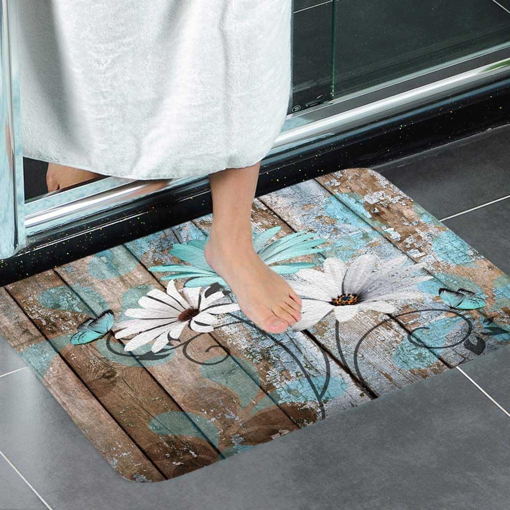 JAWO 4 Piece Teal Daisy Flower on Rustic Wooden Plank Country Style Shower Curtain Sets with Non-Slip Rugs, Toilet Lid Cover and Bath Mat, Shower Curtain with 12 Hooks