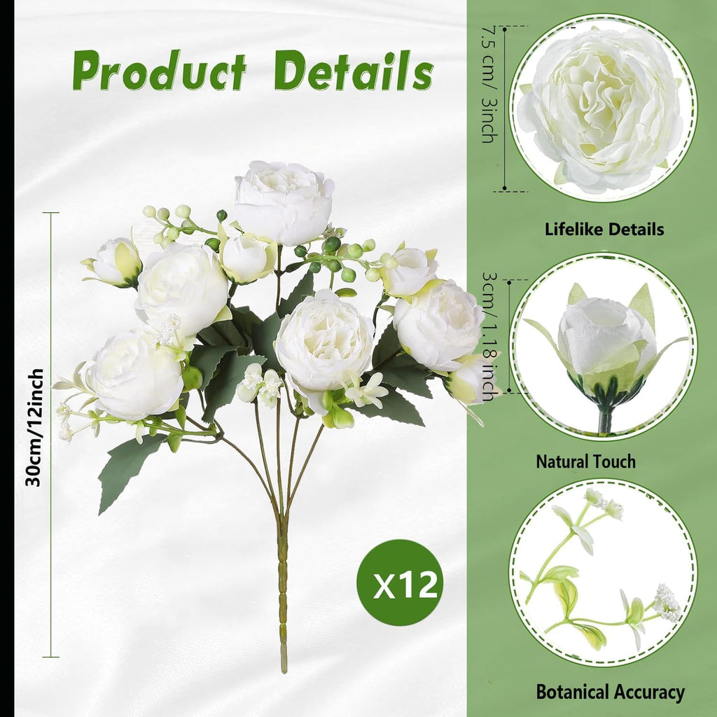 SugarHuLu 12 Bundles Peonies Artificial White Flowers Bouquet, Lifelike Silk Fake Peonies with Stems for Home Table Centerpieces, Wedding, Party & DIY Bridal Floral Arrangements (White)