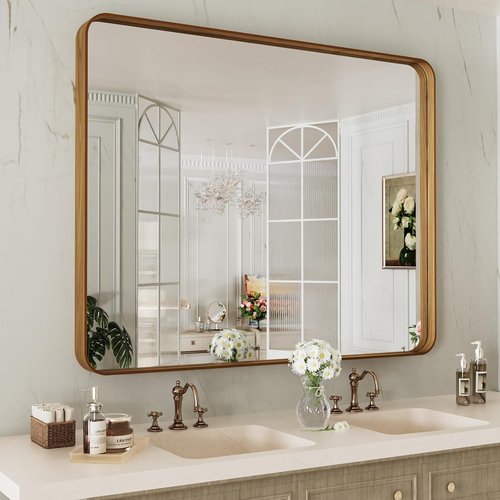 LOAAO Bathroom Mirror - 40x32 Inch Rounded Rectangle with Wood Grain Metal Frame | Anti-Rust, Versatile Hanging Options