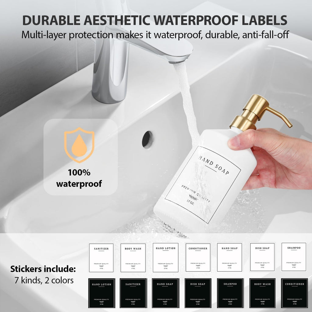 Gold Soap Dispenser Set, Glass Hand and Dish Soap Dispenser Set with Tray,Stainless Pump,14 Stickers for Kitchen,Bathroom Soap and Lotion Dispenser,Modern Counter Decor (White Bottle/Gold Pump)