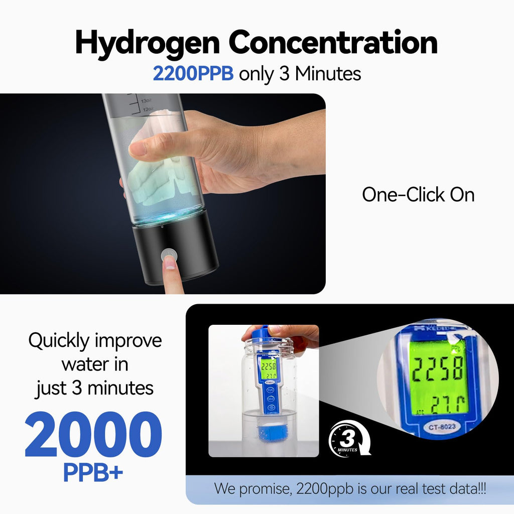 OEOP Hydrogen Water Bottle, 2200PPB in 3 Mins Hydrogen Water Generator, SPE PEM Technology, 14oz Portable Hydro Water Machine for Home, Travel, Gym | Best Health Gift for Family & Friends