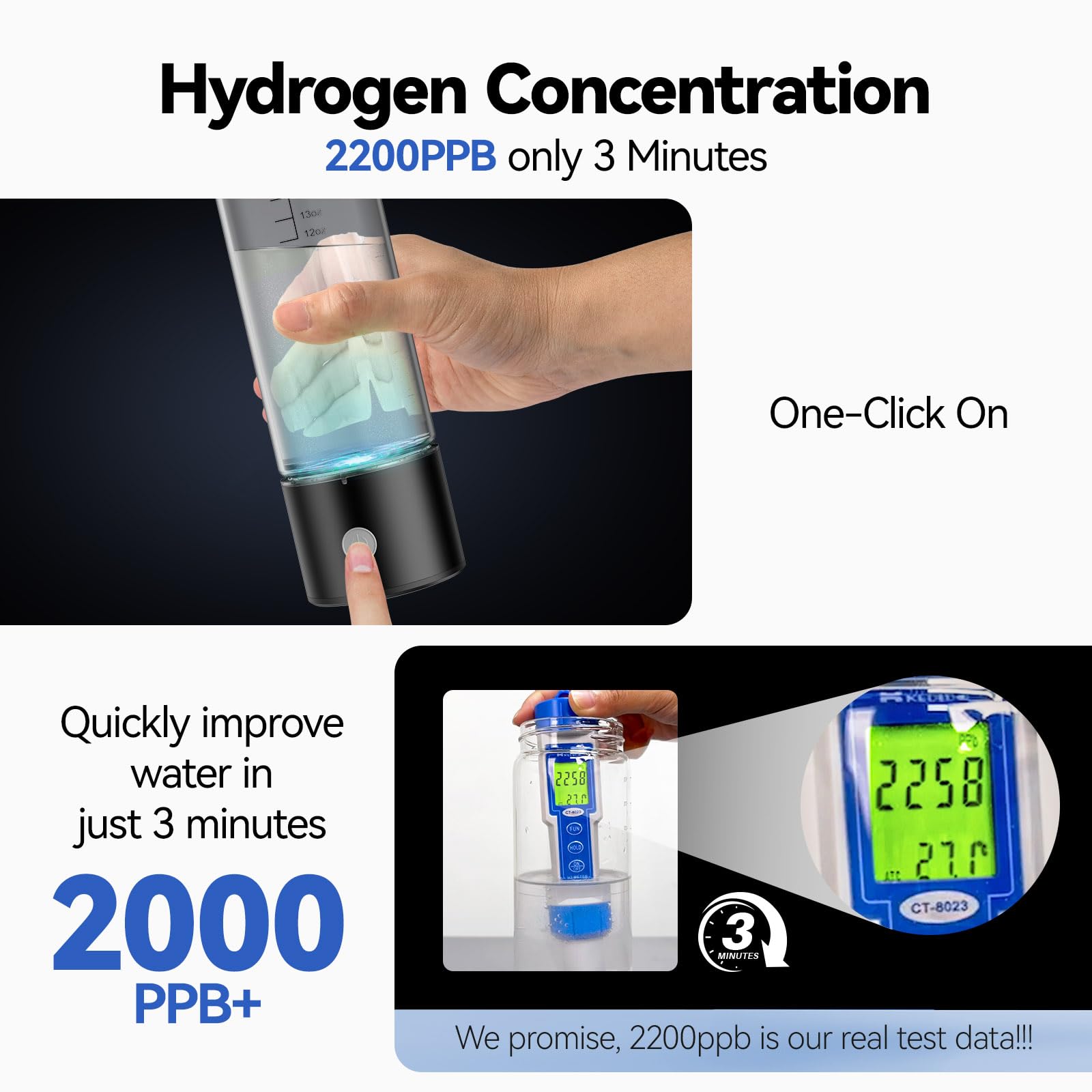 OEOP Hydrogen Water Bottle, 2200PPB in 3 Mins Hydrogen Water Generator, SPE PEM Technology, 14oz Portable Hydro Water Machine for Home, Travel, Gym | Best Health Gift for Family & Friends