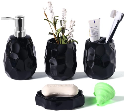Ceramic Bathroom Accessories Set 4 PCS,Bathroom Toothbrush Holder Set,Soap and Toothbrush Holder Set,Include Toothbrush Holder,Soap Dispenser,Soap Dish,Tumbler,Bathroom Sets Decor Organizer (Black)