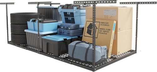 FLEXIMOUNTS 4x8 Overhead Garage Storage Rack - Heavy-Duty Metal Ceiling Organizer | 750lbs Capacity, Hammertone Finish