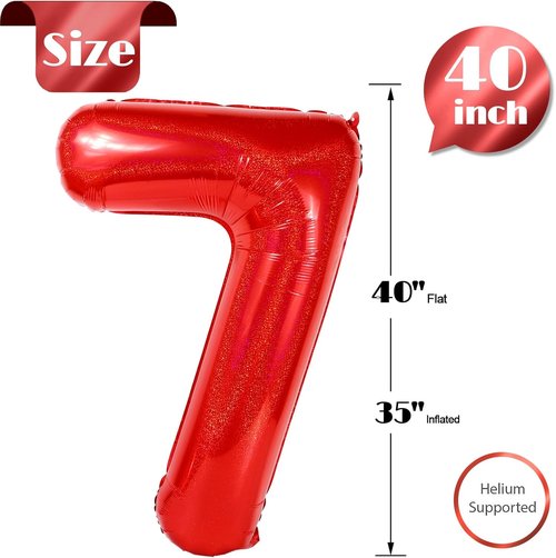 Laser Red Number 7 Balloon - 40 Inch Birthday Decoration for Girls & Women’s Parties