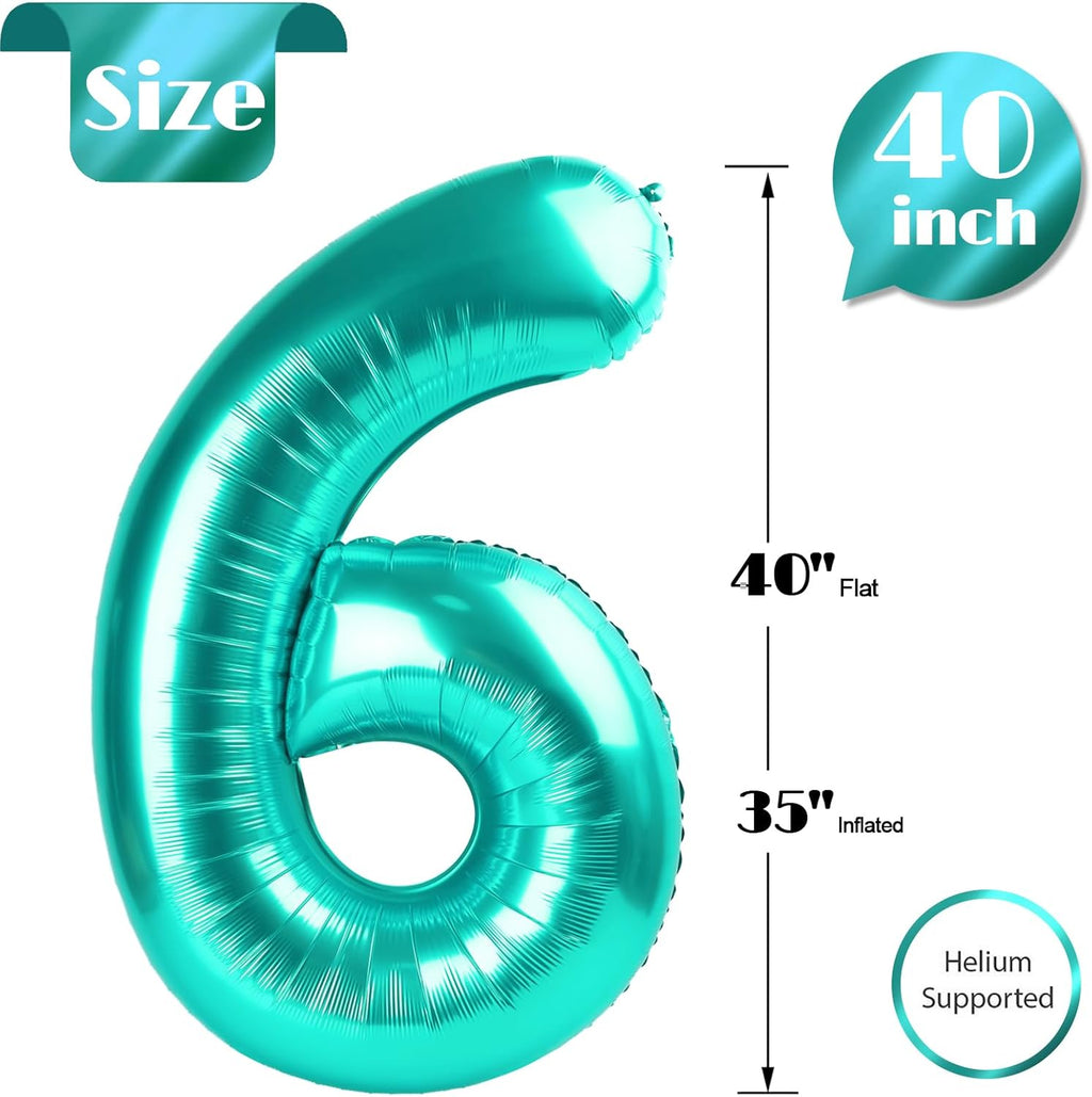 Teal Blue Number 6 Balloon - 40 Inch Birthday Decoration for 6th Birthday Party