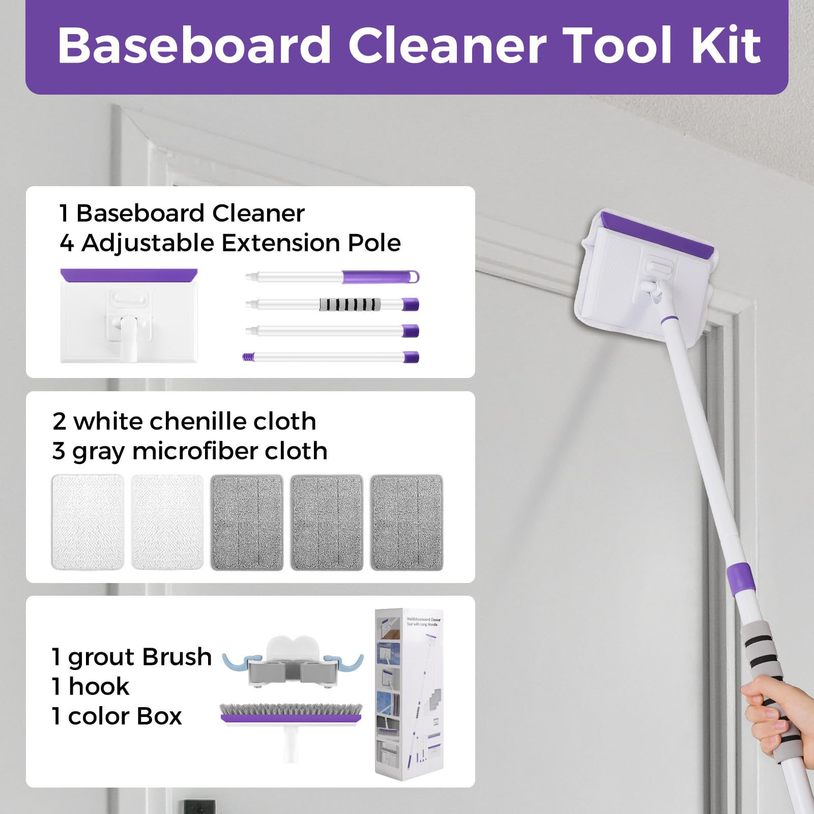 wlich Baseboard Cleaner Tool with Handle 2.0, 60" Extendable Long Handle, Dust Trapping and Locking, 5 Reusable Pads, Purple Base Boards Cleaning Tool for Moldings, Wall, Floor, Bathroom, Kitchen
