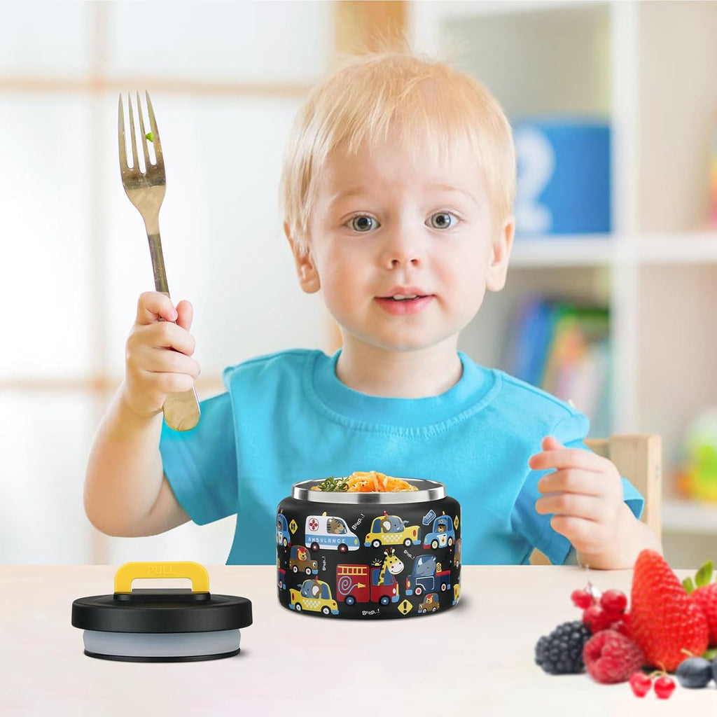 PIQUEBAR Kids Thermos - 8oz Stainless Steel Food Container with Easy Open Wide Mouth | Black Animal Truck