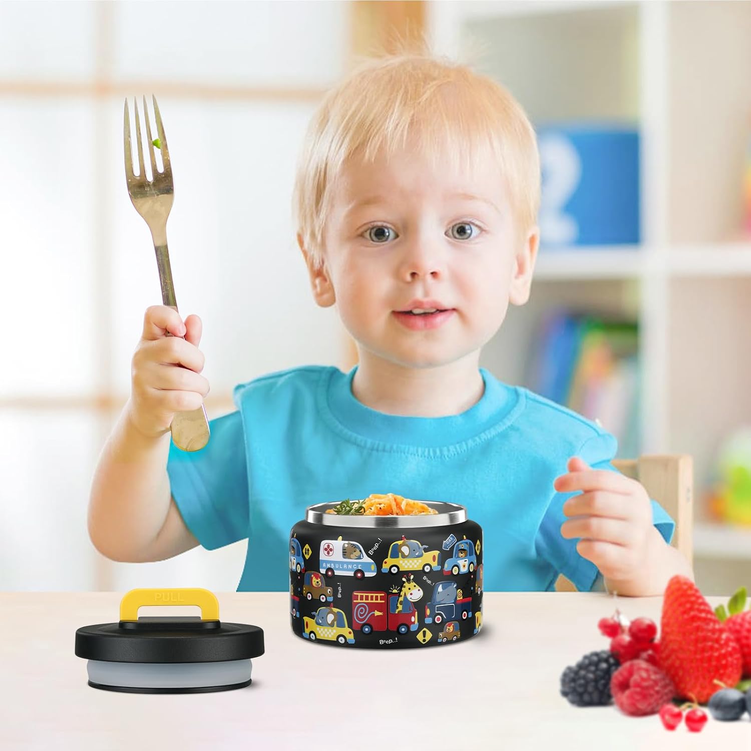 PIQUEBAR Kids Thermos - 8oz Stainless Steel Food Container with Easy Open Wide Mouth | Black Animal Truck