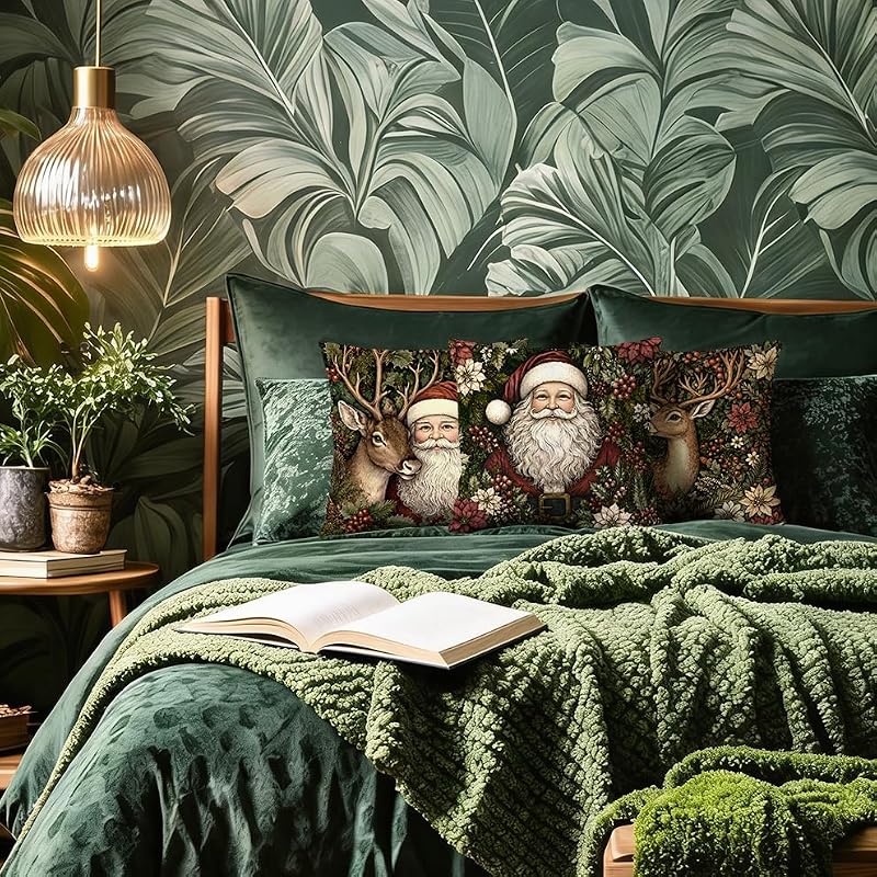 Christmas Santa Reindeer Floral Pillow Covers 18x18 Set of 4 - Multicolor