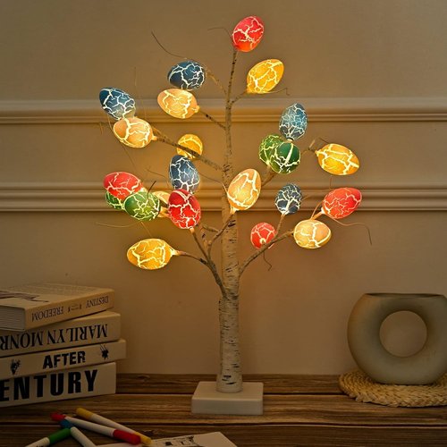 Kemooie 24-Inch Pre-Lit White Birch Tree - 24 Easter Egg Ornaments & LED Lights | Perfect Spring Table Centerpiece
