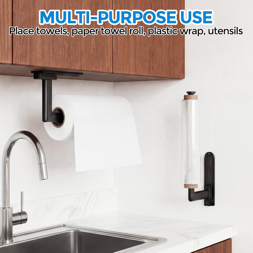 Zaa Paper Towel Holder - Under Cabinet Self-Adhesive or Drilling Wall Mount | One-Hand Tear Black Design for Kitchen & Bathroom Organization