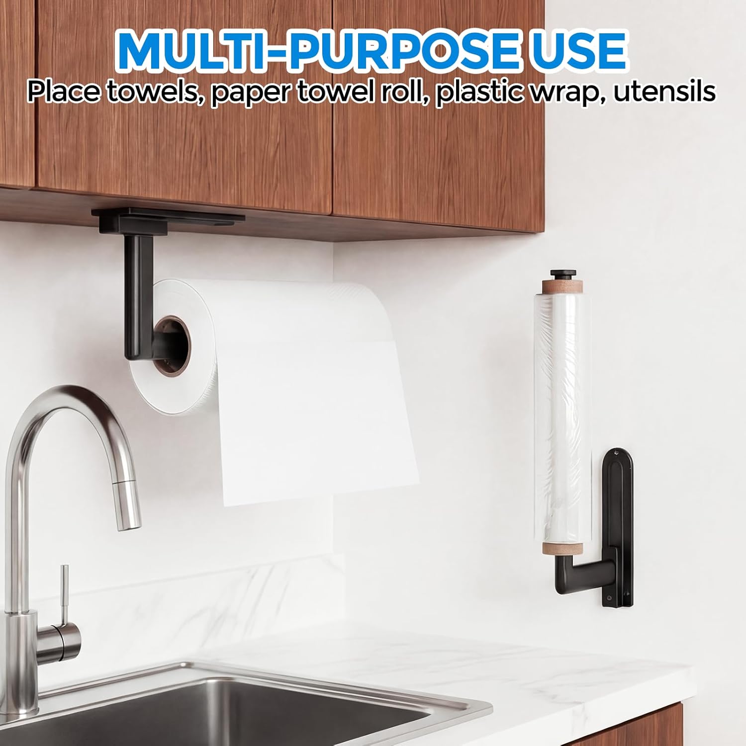 Zaa Paper Towel Holder - Under Cabinet Self-Adhesive or Drilling Wall Mount | One-Hand Tear Black Design for Kitchen & Bathroom Organization