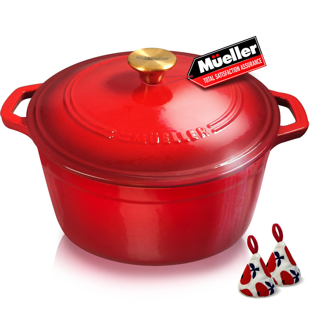 Mueller 6qt Enameled Cast Iron Dutch Oven, Heavy-Duty Casserole and Braiser Pan with Lid and Knob, Oven-Safe up to 500° F & Across All Cooktops, Red