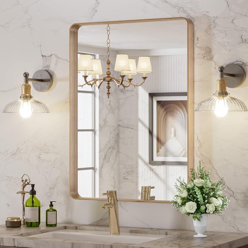 LOAAO Gold Bathroom Mirror - 22”x30” Rounded Rectangle Design | Brushed Gold Frame, Anti-Rust, Versatile Mounting Options