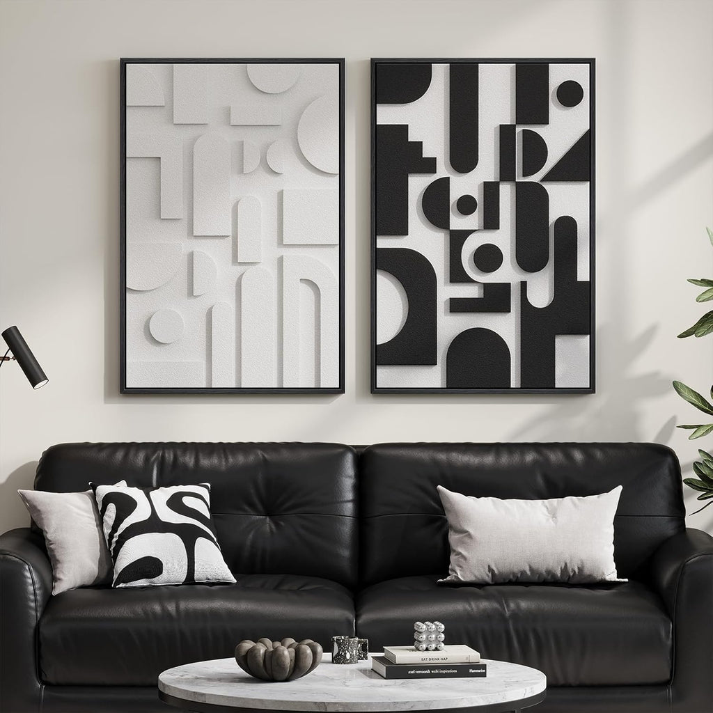 Skiennix Large 3D Textured Black and White Abstract Wall Art - Set of 2 Modern Paintings | 24x36 In Minimalist Decor