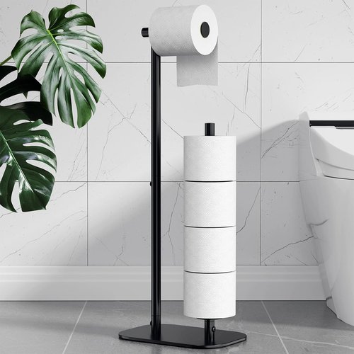 Kitsure Toilet Paper Holder - Large Capacity Free Standing Holder for 4 Rolls | Rustproof Black Design