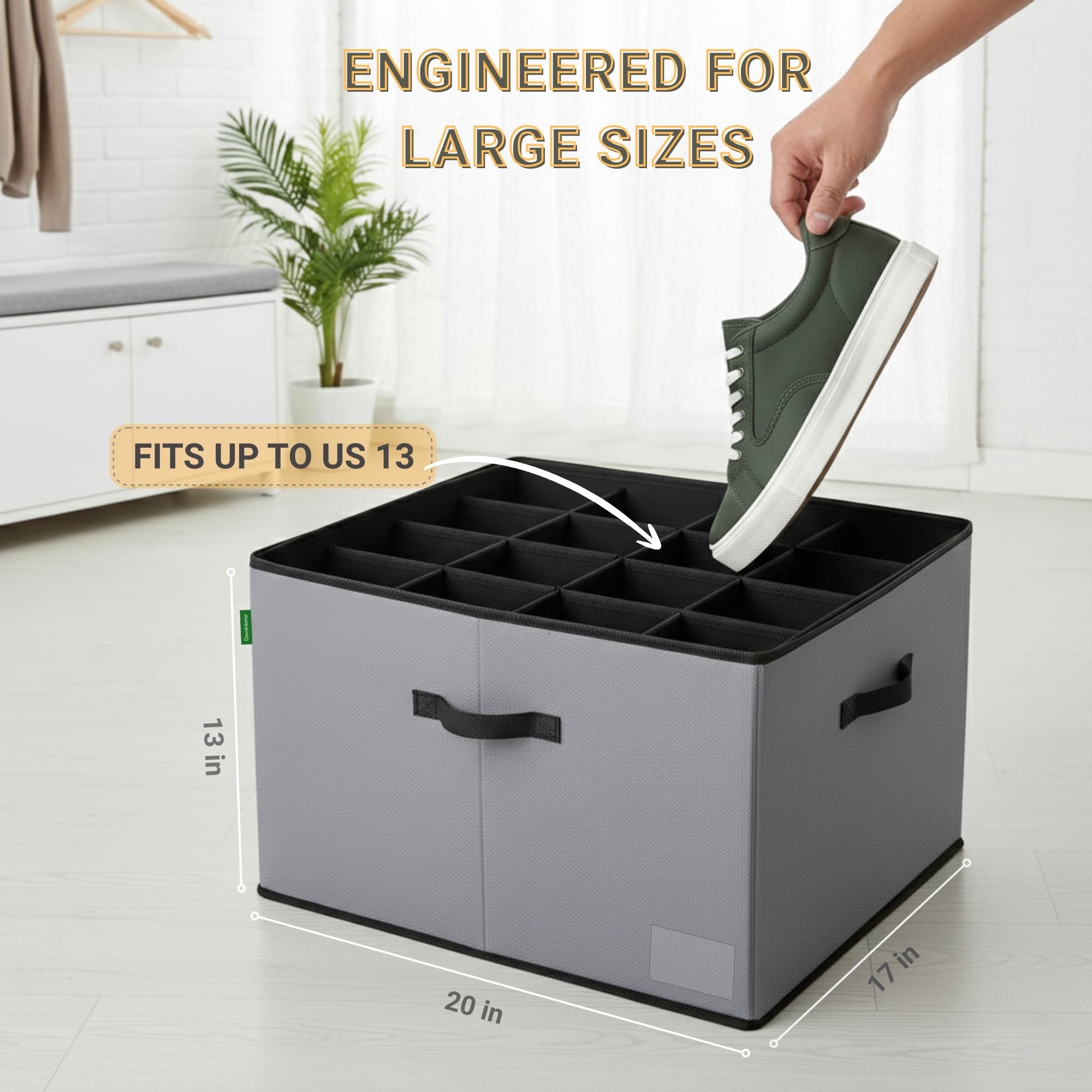 DeveHome 2 Pack Shoe Organizer for Closet, Foldable Fabric Shoe Storage Box with Adjustable Dividers and Clear Dustproof Cover, Large Collapsible Shoe Bins & Containers, Holds up to 32 Pairs, Gray