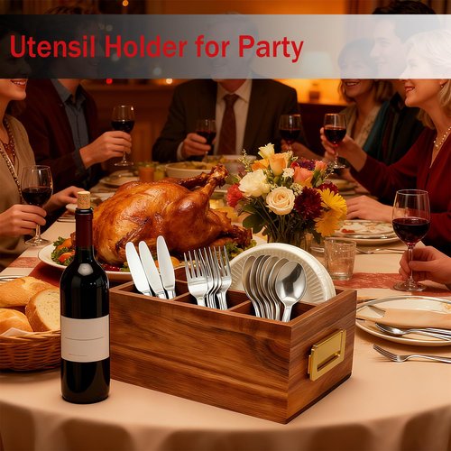 Arflo Acacia Silverware Holder for Party with Handle - Paper Plate Holders for Countertop - Wooden Utensil Caddy for Parties - Kitchen Spoon and Fork Organizer Silverware Caddy for Party Camping