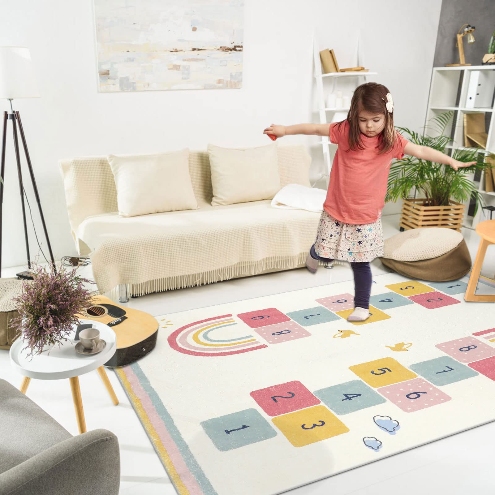 Topotdor Rainbow Sky Hopscotch Game Rugs,Kids Play Area Rugs Soft Floor Carpet for Bedroom Playroom Nursery,Great Gift for Girls & Boys,47" x 71"