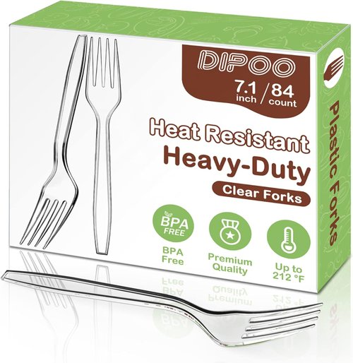 Dipoo Heavy-Duty 7.1" Clear Plastic Forks - BPA Free & Heat Resistant, 84 Count Premium Disposable Cutlery