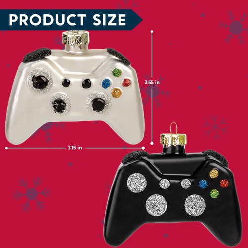 JOYIN Christmas Video Game Controller Small Glass Ornament, 2 pcs Mini Black and White Glass Blown Set Handcrafted for Tree Hanging Ornament Outdoor Christmas Decorations Indoor