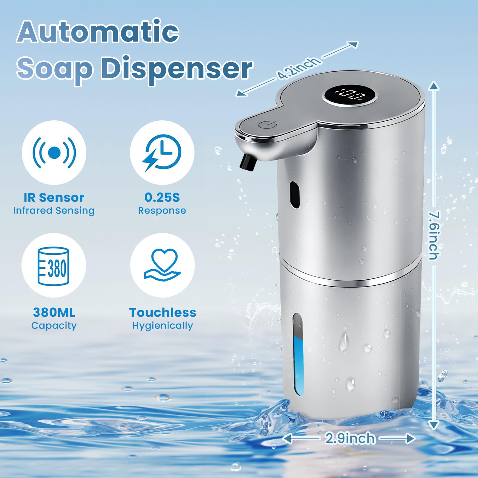 Automatic Soap Dispenser, Touchless Liquid Soap Dispensers, USB Rechargeable, 6-Level Adjustable Volume Control, 12.8oz/380ml, Wall Mount for Kitchen, Bathroom, Free Liquid Dispenser Stickers (Silver)
