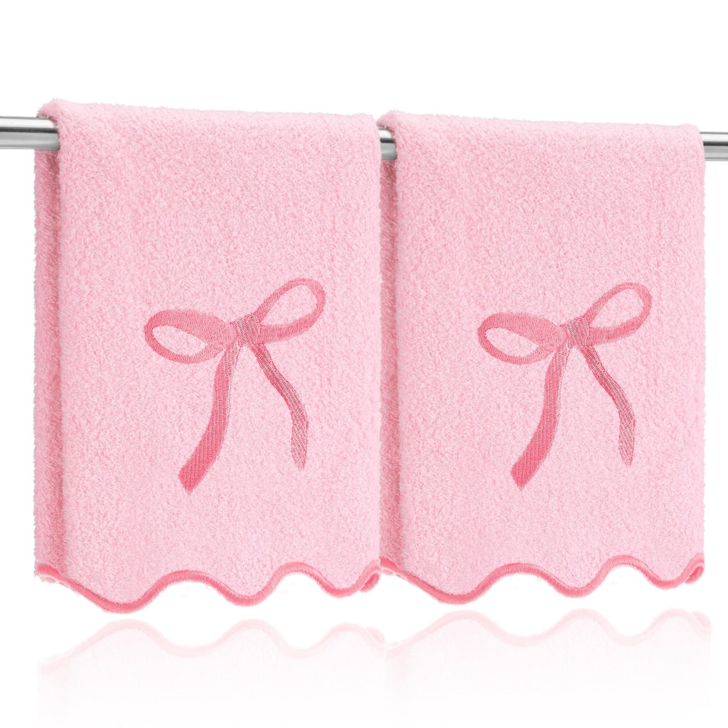 SmoothNovelty 2 Pcs Fingertip Towels for Bathroom 12 x 18 Inch Small Fingertip Towels with Scalloped Pink Bow Design Embroidery Coquette Bow 100% Cotton Soft Absorbent Guest and Housewarming Gift