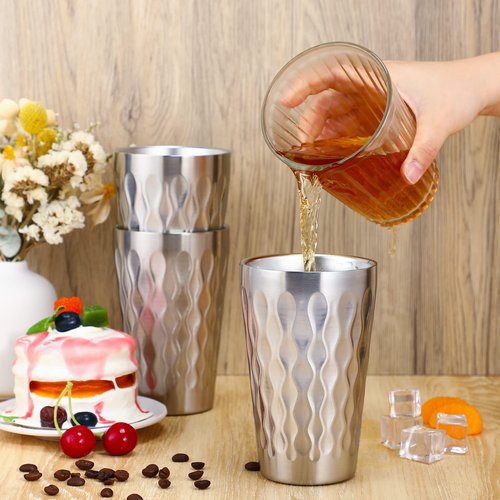 Mimorou 8 Pack 16oz Stainless Steel Cups Pint Cup Metal Double Layer Insulated Drinking Beer Water Tumbler Camping Reusable Stackable for Office Party Hot Cold Drink(Wave Pattern)