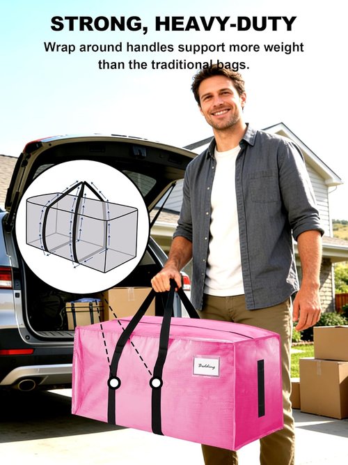 Large Moving Bags by [Brand Name] - 12 Pack Water-Resistant Heavy Duty Storage Totes - Space-Saving Design (Pink)
