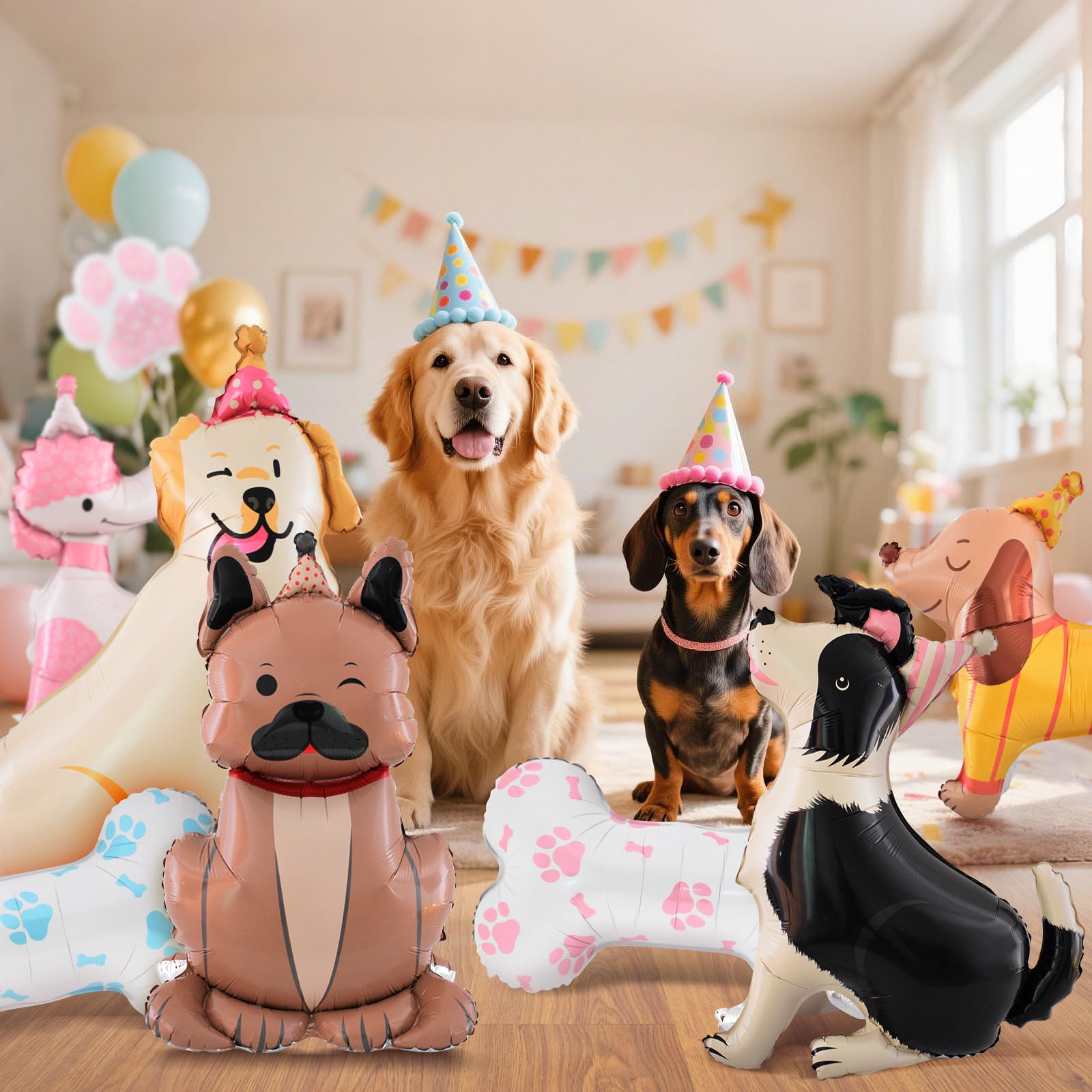 8 PCS Large 3D Standing Dog Balloons (32–40 in) – Puppy Foil Balloons for Dog Birthday Party & Pet Theme Baby Shower, Includes Dogs, Bone & Paw
