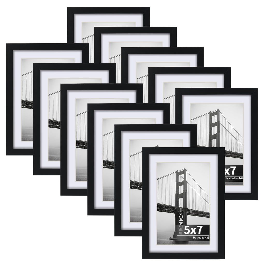 CRUGLA 5x7 Picture Frames Set of 11, Display Pictures 4x6 with Mat or 5 by 7 without Mat, Wall or Tabletop Display, Black