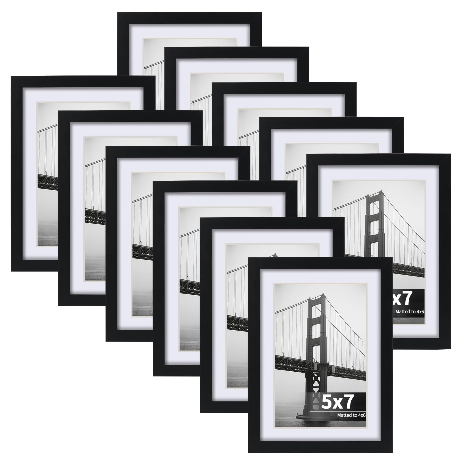 CRUGLA 5x7 Picture Frames Set of 11, Display Pictures 4x6 with Mat or 5 by 7 without Mat, Wall or Tabletop Display, Black