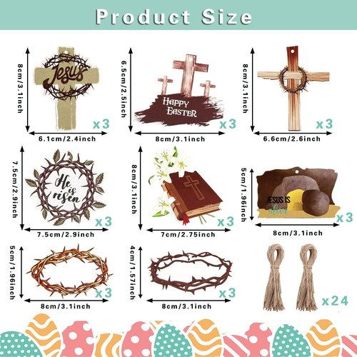 24 Piece Easter Day Hanging Ornaments - He Is Risen Wooden Signs & Jesus Cross Decor