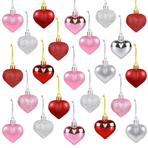 36Pcs Heart Ornaments Valentines Day Decorations Red Pink Silver Glitter Valentines Ornaments for Tree Hanging Heart Shaped Ornament for Wedding Anniversary Party Supplies