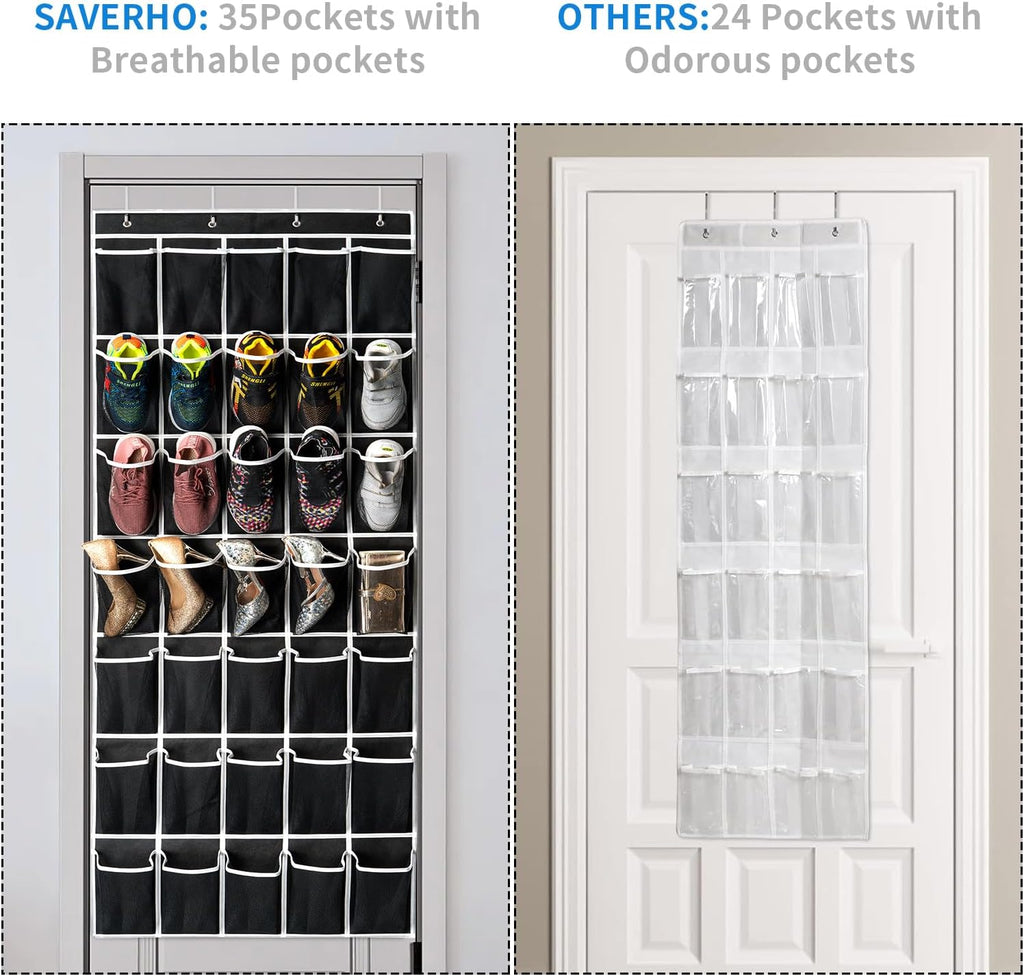 SAVERHO Over The Door Shoe Organizer - 35 Mesh Pockets for Maximum Storage | Black, 1 Pack