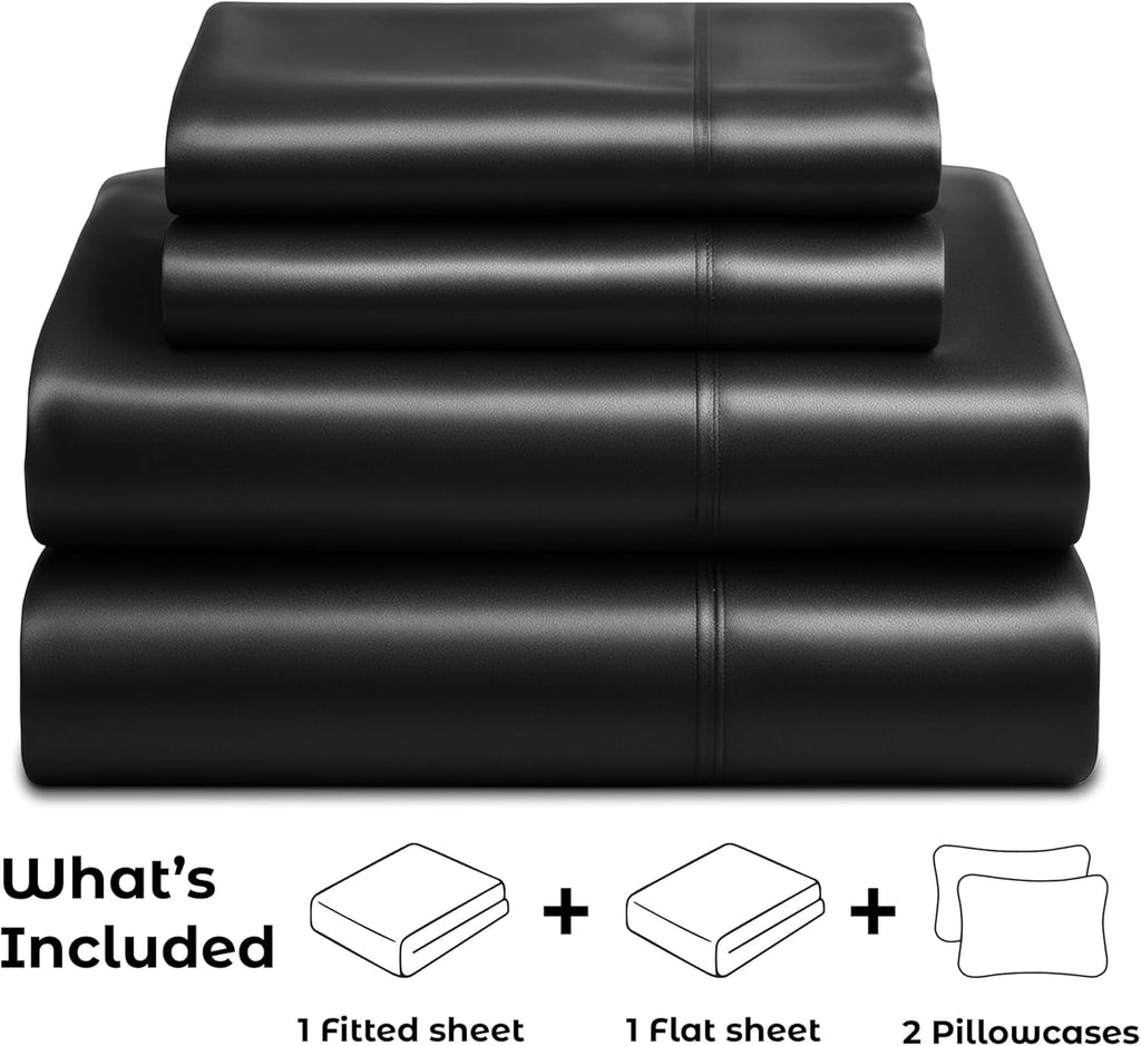 Pure Bedding Satin Sheets - Luxury Silky 4-Piece Queen Set in Black | Extra Soft 1800 Microfiber, Deep Pocket Design