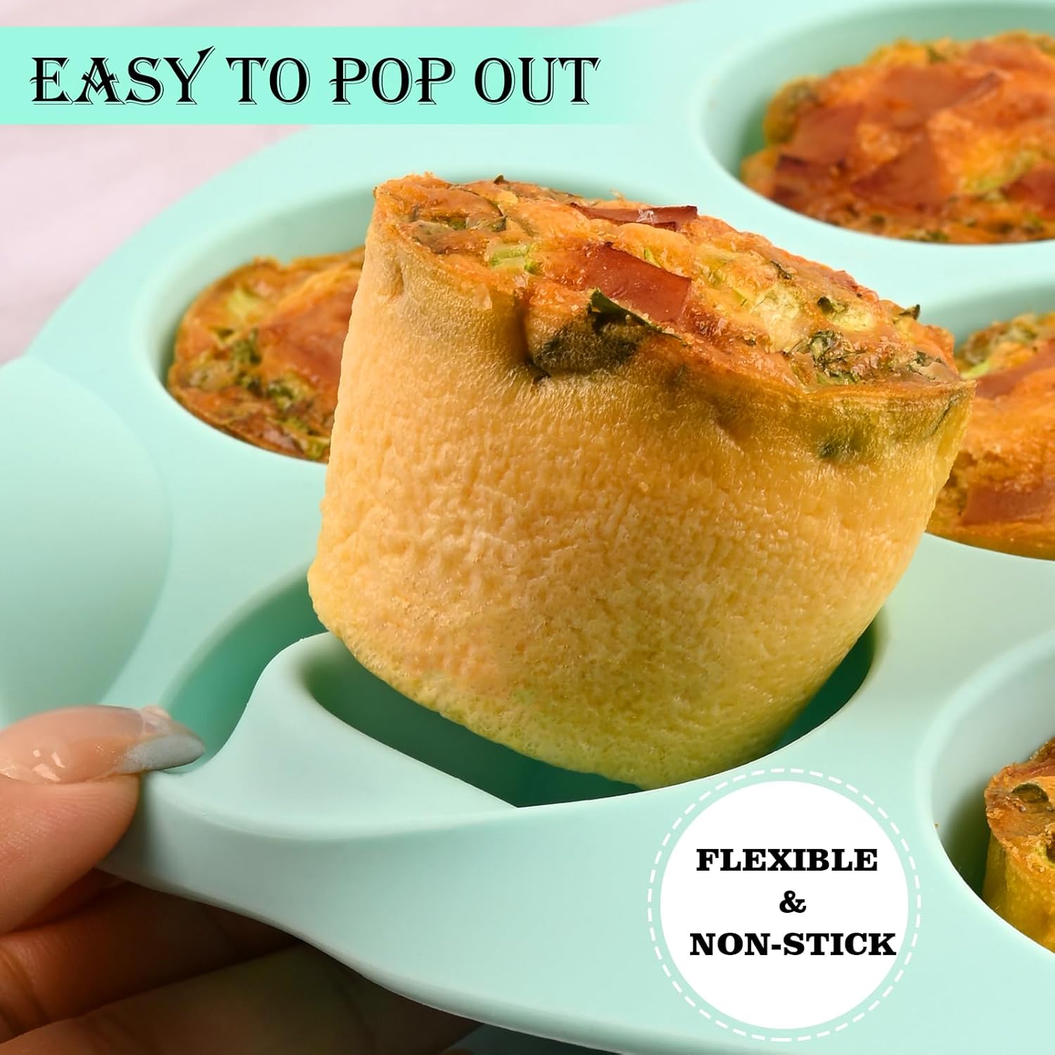 Sakolla Silicone Egg Bite Molds - Nonstick 7-Cup Air Fryer Muffin Pan for Baking Mini Muffins & Quiche | Pink & Green