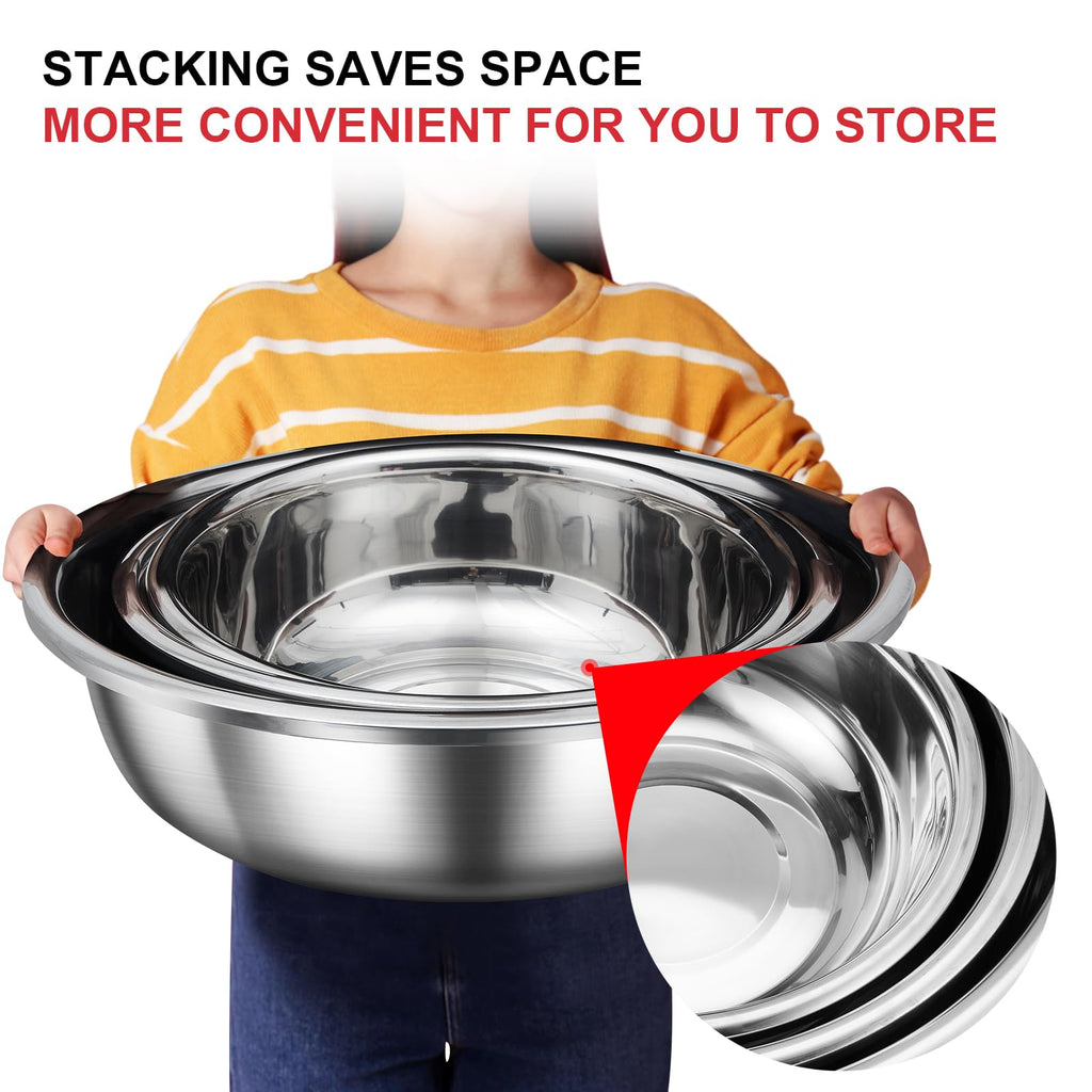 Domensi Set of 3 Extra Large Stainless Steel Mixing Bowls Large Mixing Container Easy to Clean, Nesting Bowls for Space Saving Storage for Cooking, Baking(201 Stainless Steel,13, 16, 20 Quart)